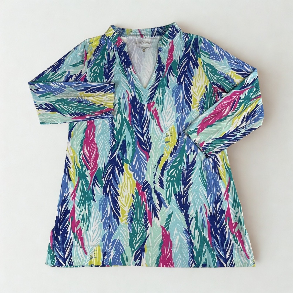 Lilly Pulitzer Tunic Top Womens M Feather Print Rayon Blend Blouse Colorful